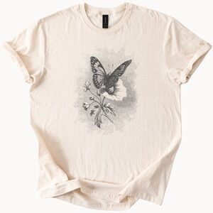 Butterfly on Flowers Graphic Tee Botanical Engraving Art